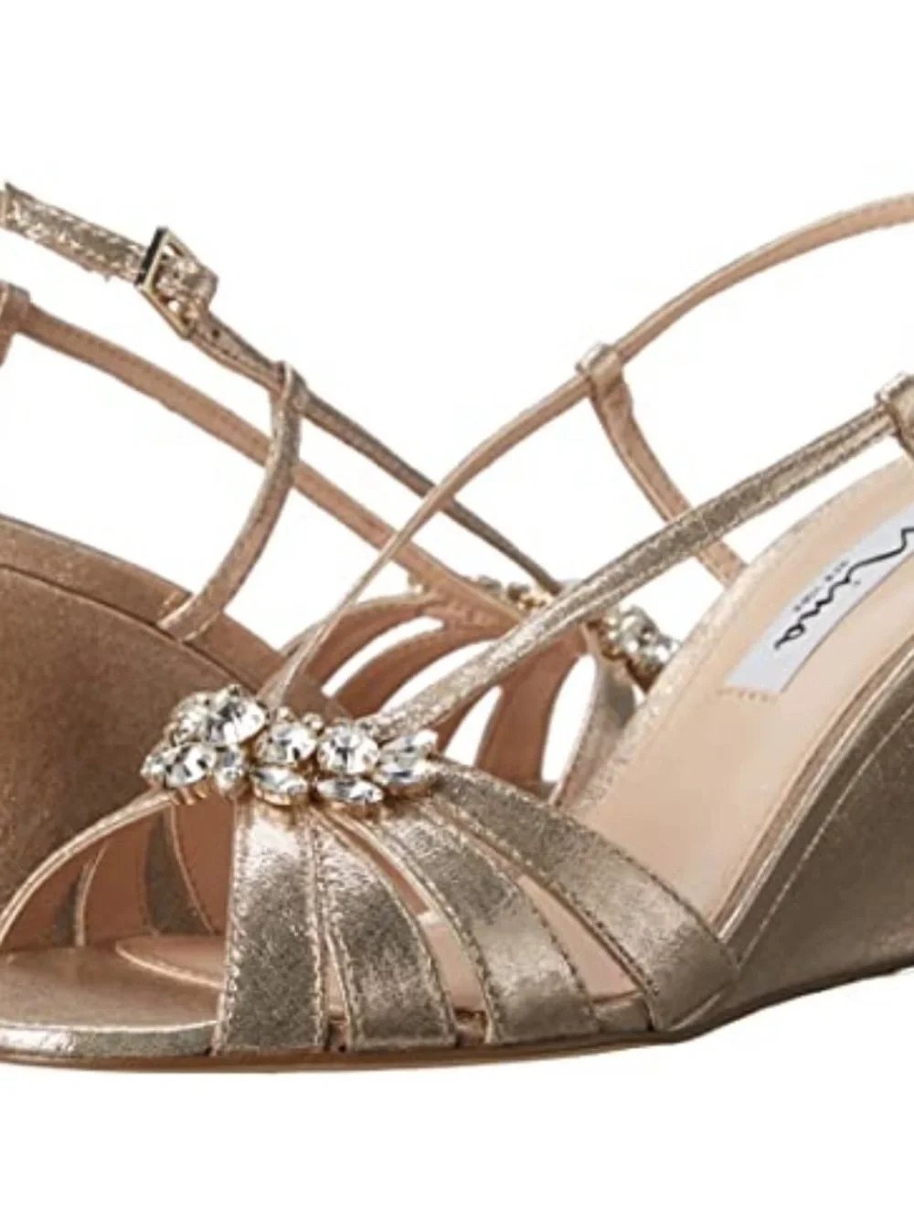 Nina Viani Dress Wedge Heel Sandal, Metallic Taupe Gold, Crystal Accents, sz 8.5